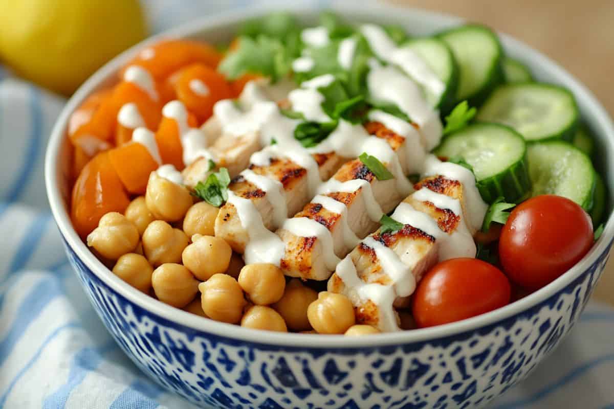 Tasty Greek Chicken & Chickpea Protein Bowl (w/ Homemade Tzatziki Sauce)